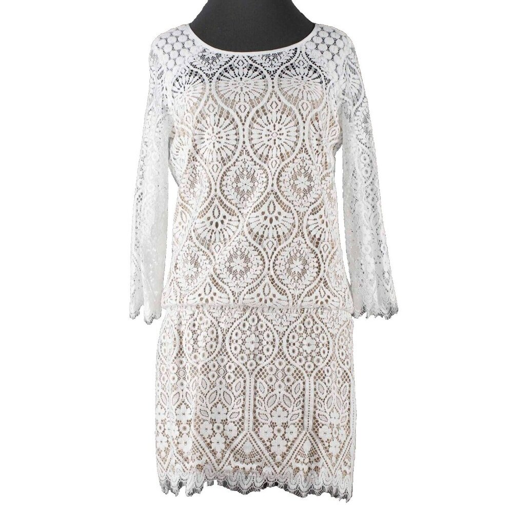 David Lerner Sz S White Tan Lace Knee Length Cotton Nylon Rayon Dress